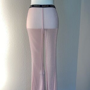 BEBE Sheer Glittery Mesh Logo Coverup Pants SZ M L Pink New With Tags